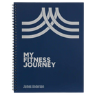 Large blue spiral notebook laser etched with 'Fitness Journey' design