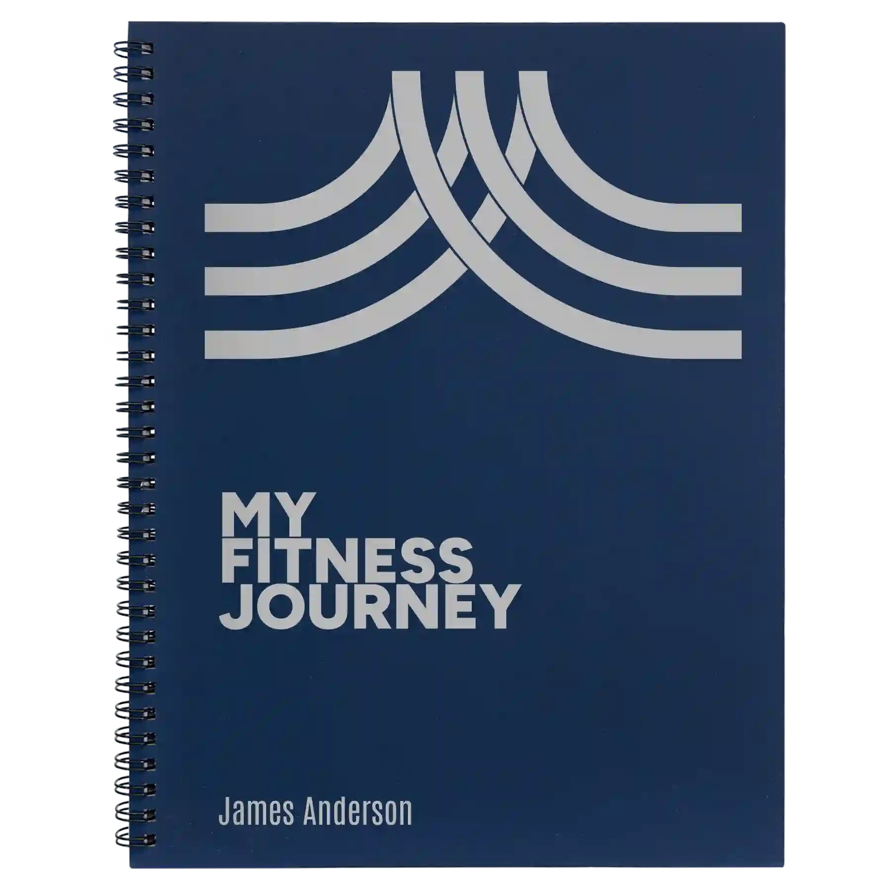 Large blue spiral notebook laser etched with 'Fitness Journey' design