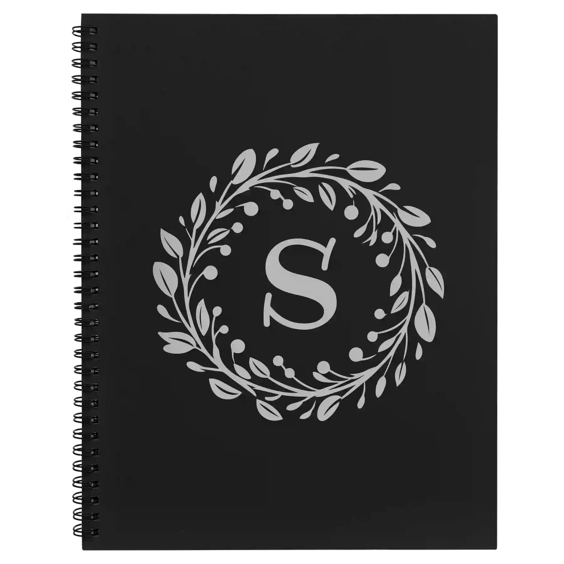 Large black spiral notebook laser etched with 'Floral Circle with Initial' design
