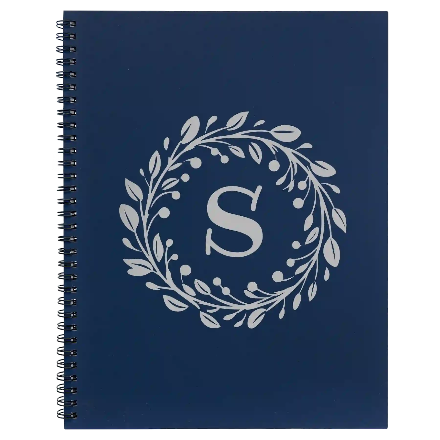 Large blue spiral notebook laser etched with 'Floral Circle with Initial' design