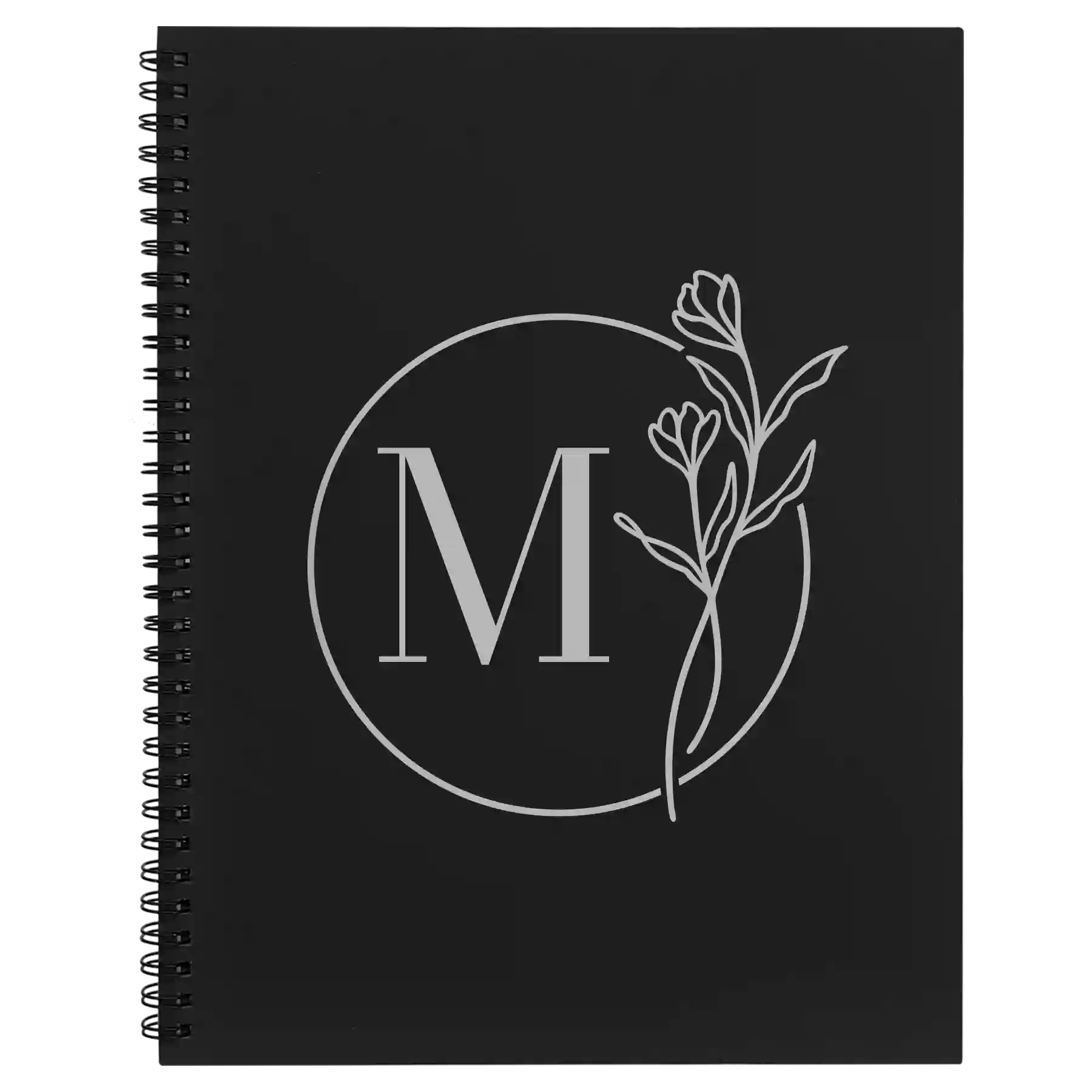 Large black spiral notebook laser etched with 'Floral Circle' design