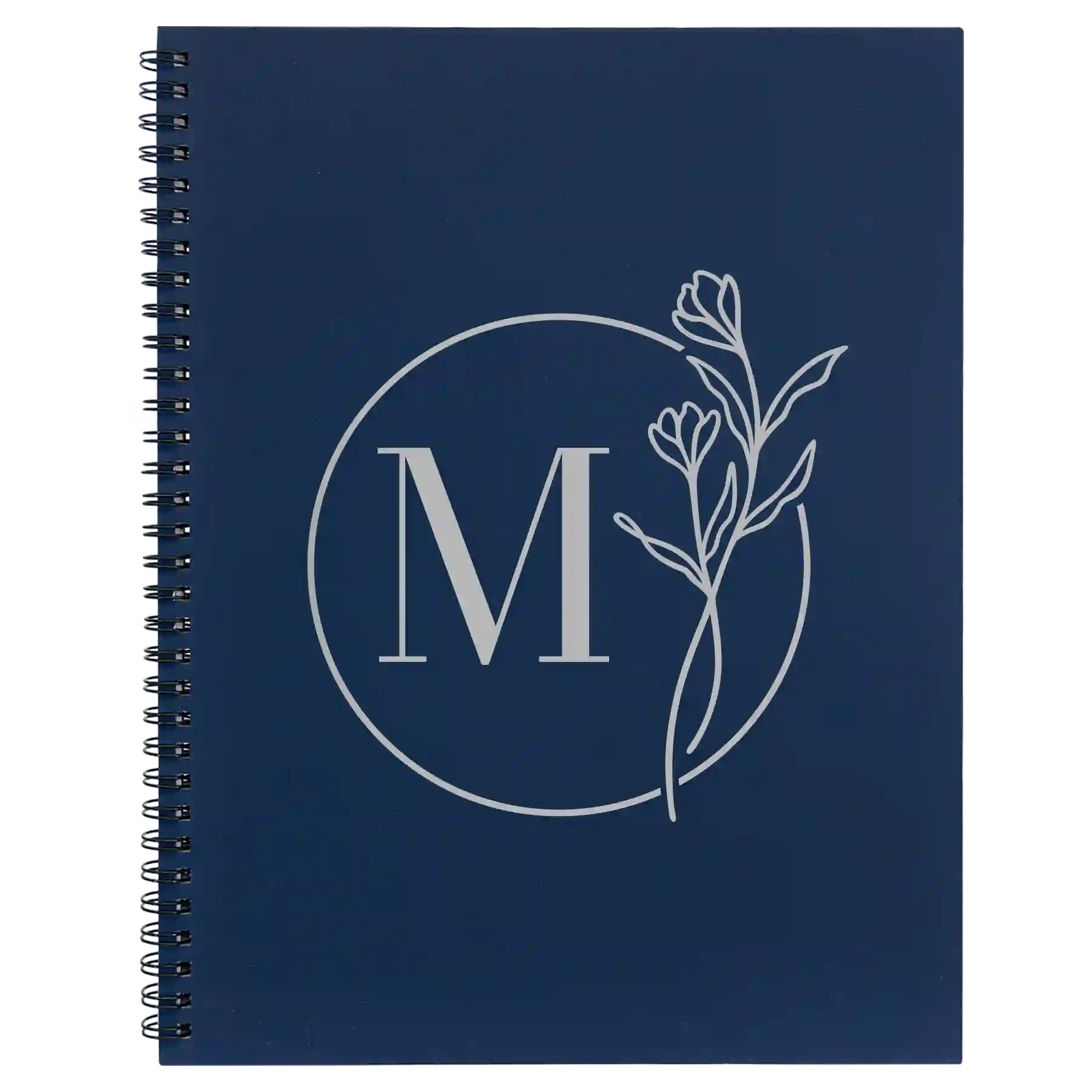 Large blue spiral notebook laser etched with 'Floral Circle' design