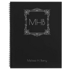 Large black spiral notebook laser etched with 'Floral Frame' design