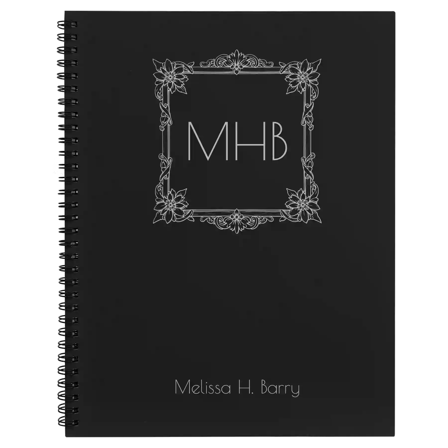 Large black spiral notebook laser etched with 'Floral Frame' design