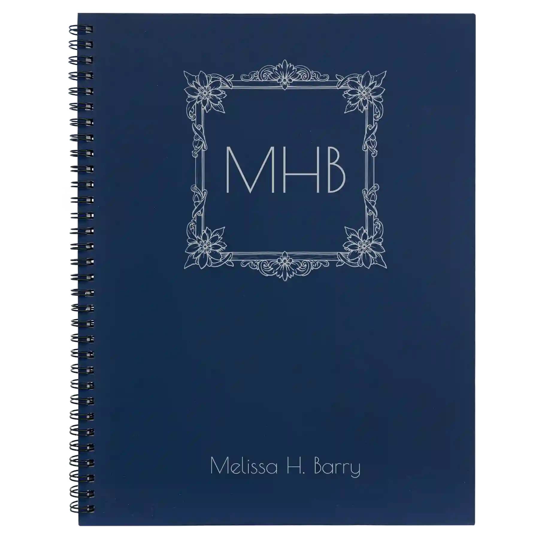 Large blue spiral notebook laser etched with 'Floral Frame' design