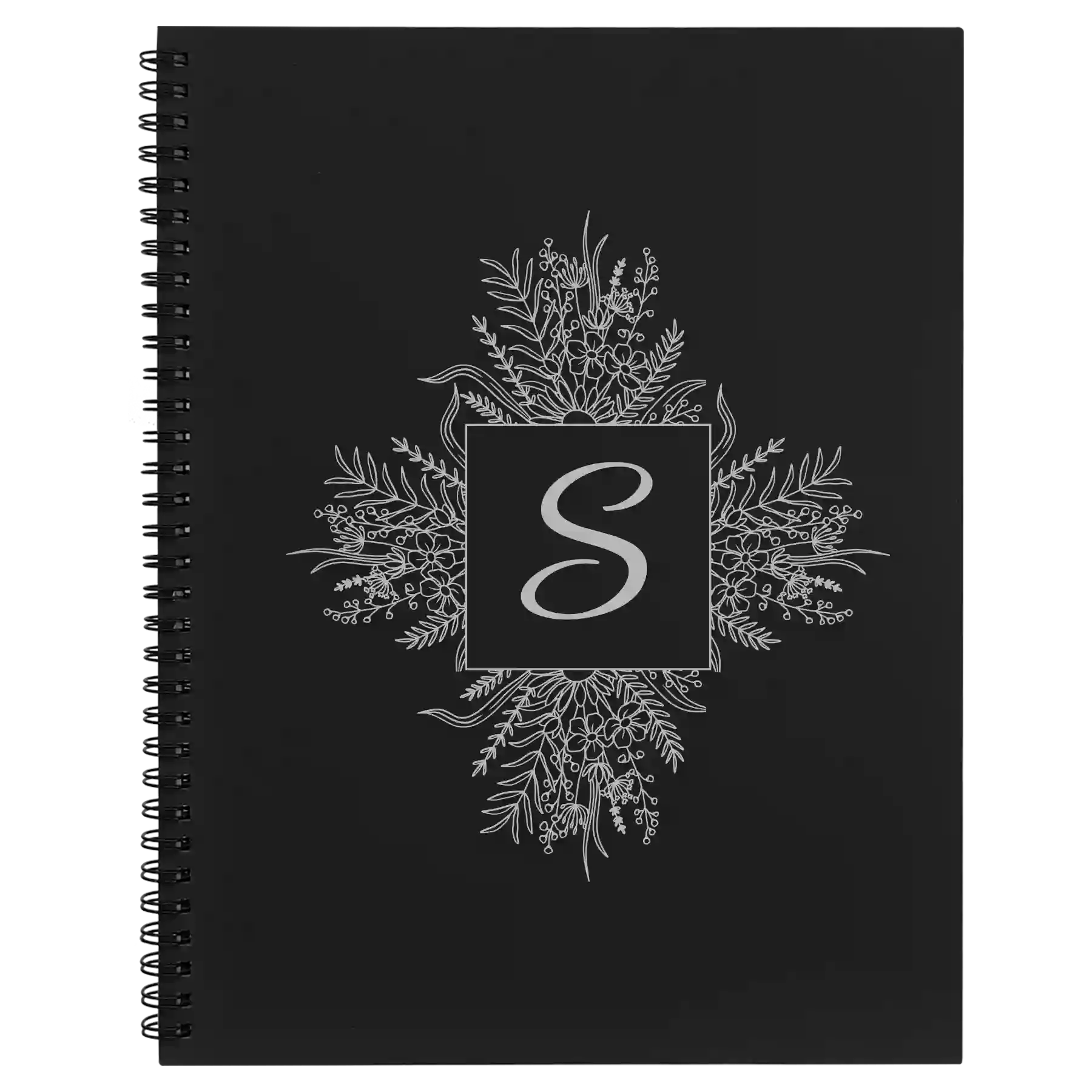 Large black spiral notebook laser etched with 'Floral Initals' design