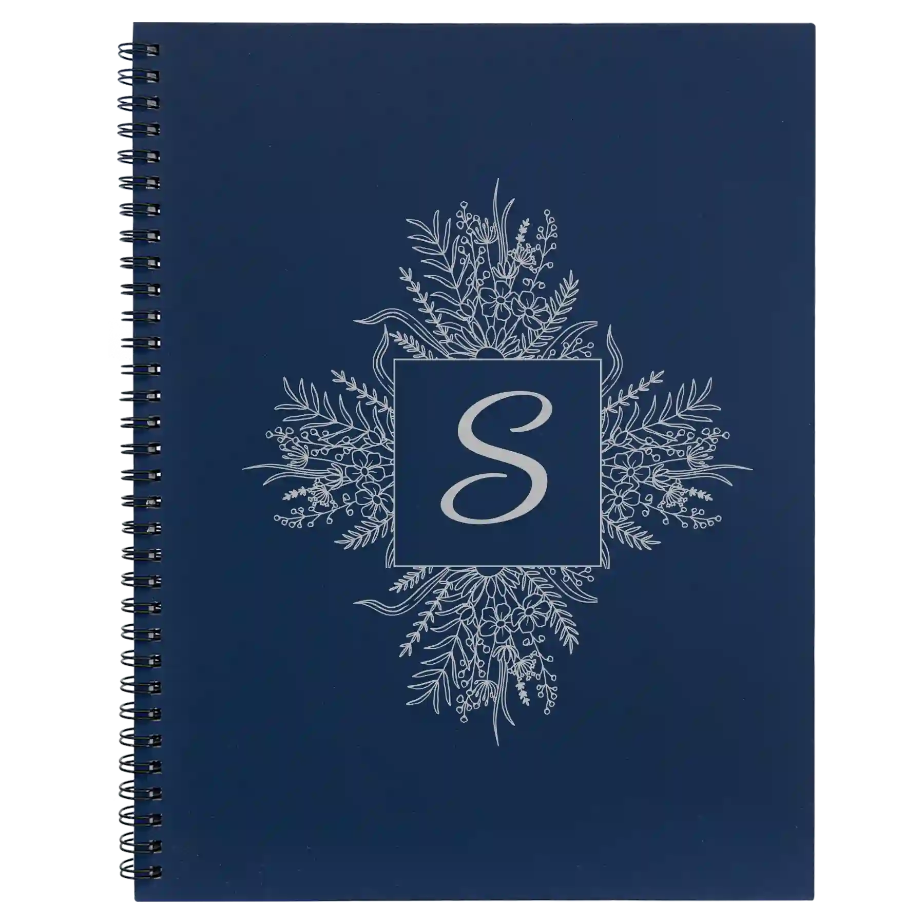 Large blue spiral notebook laser etched with 'Floral Initals' design