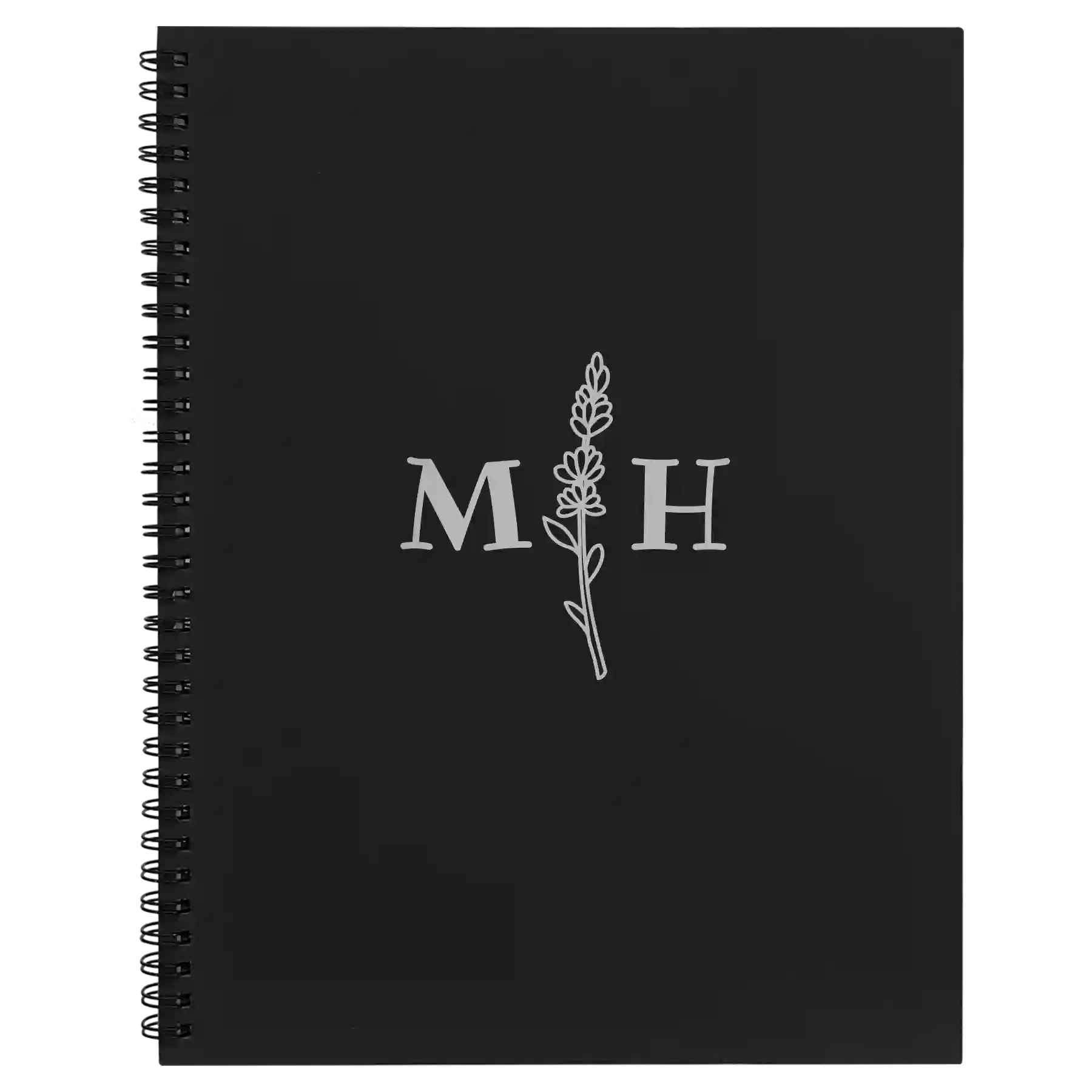 Large black spiral notebook laser etched with 'Flower Initial' design