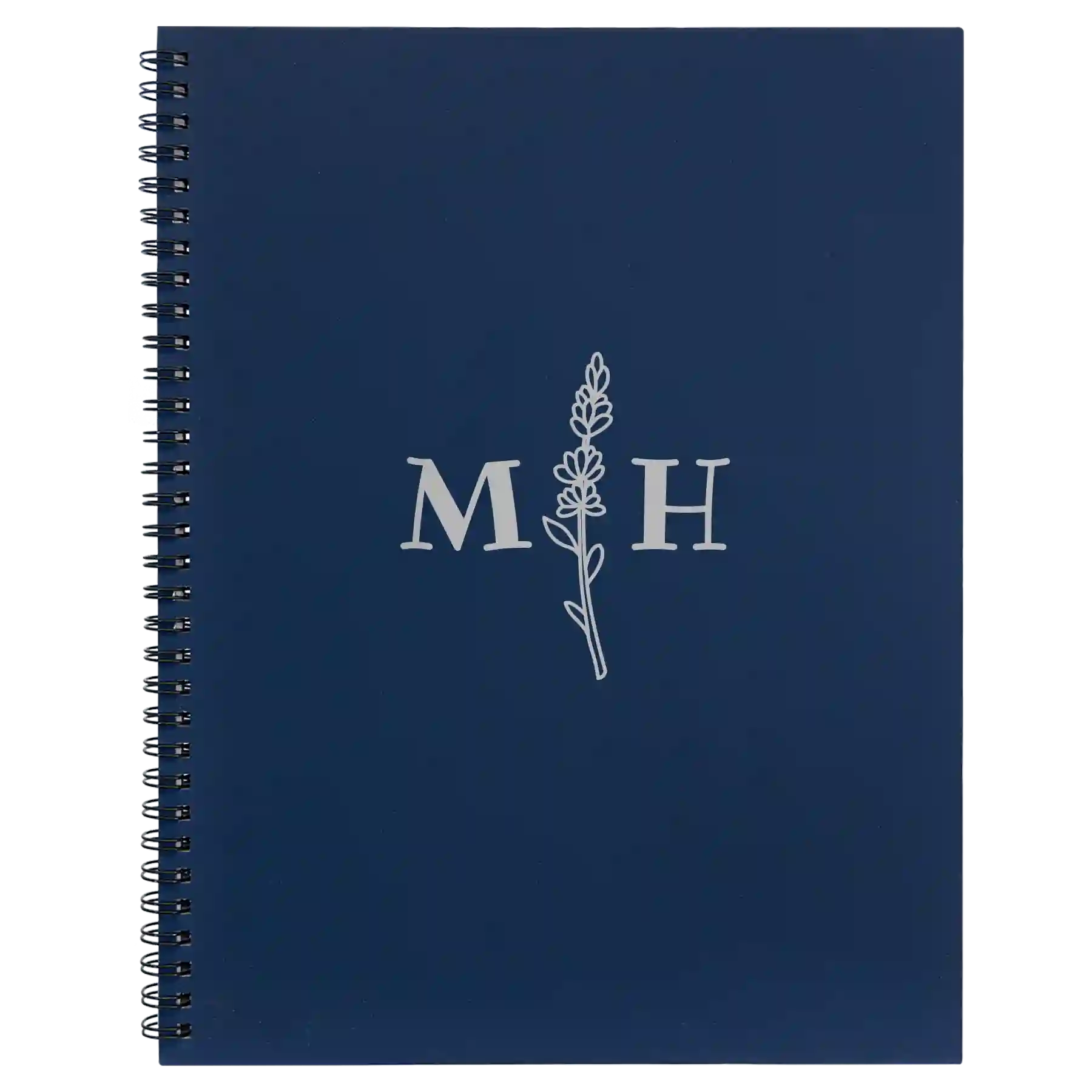 Large blue spiral notebook laser etched with 'Flower Initial' design