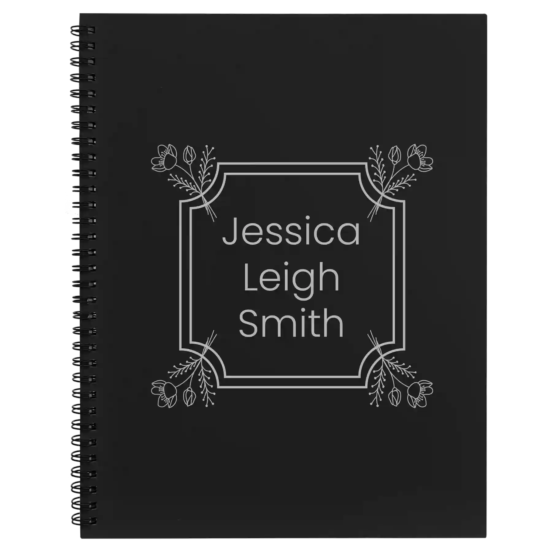 Large black spiral notebook laser etched with 'Flower Square' design