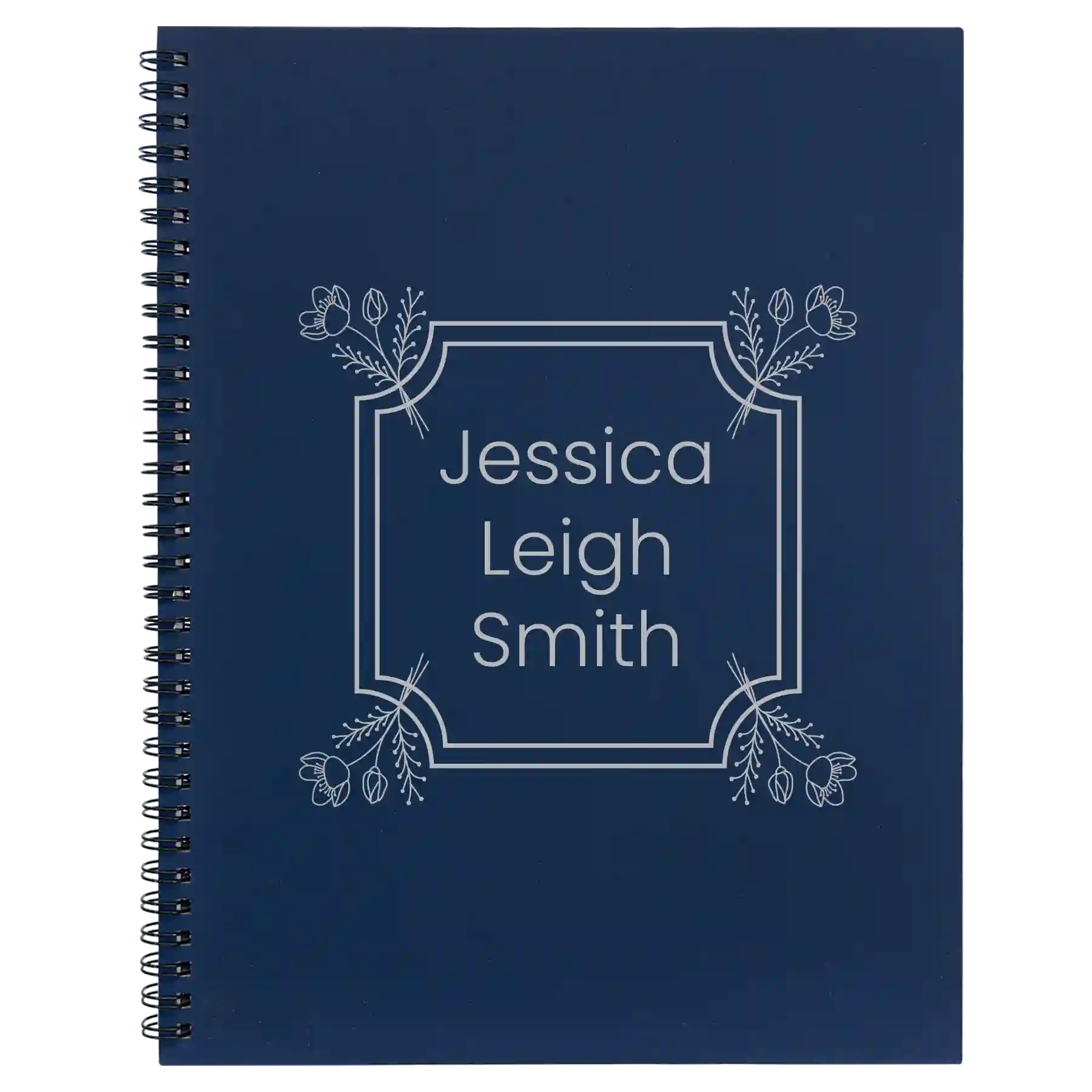 Large blue spiral notebook laser etched with 'Flower Square' design