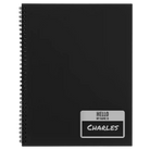 Large black spiral notebook laser etched with 'Hello My Name is' design