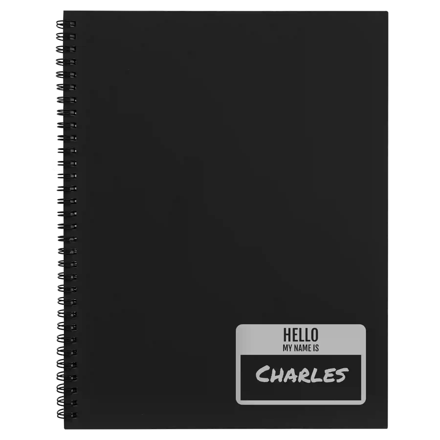 Large black spiral notebook laser etched with 'Hello My Name is' design