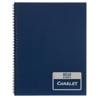 Large blue spiral notebook laser etched with 'Hello My Name is' design