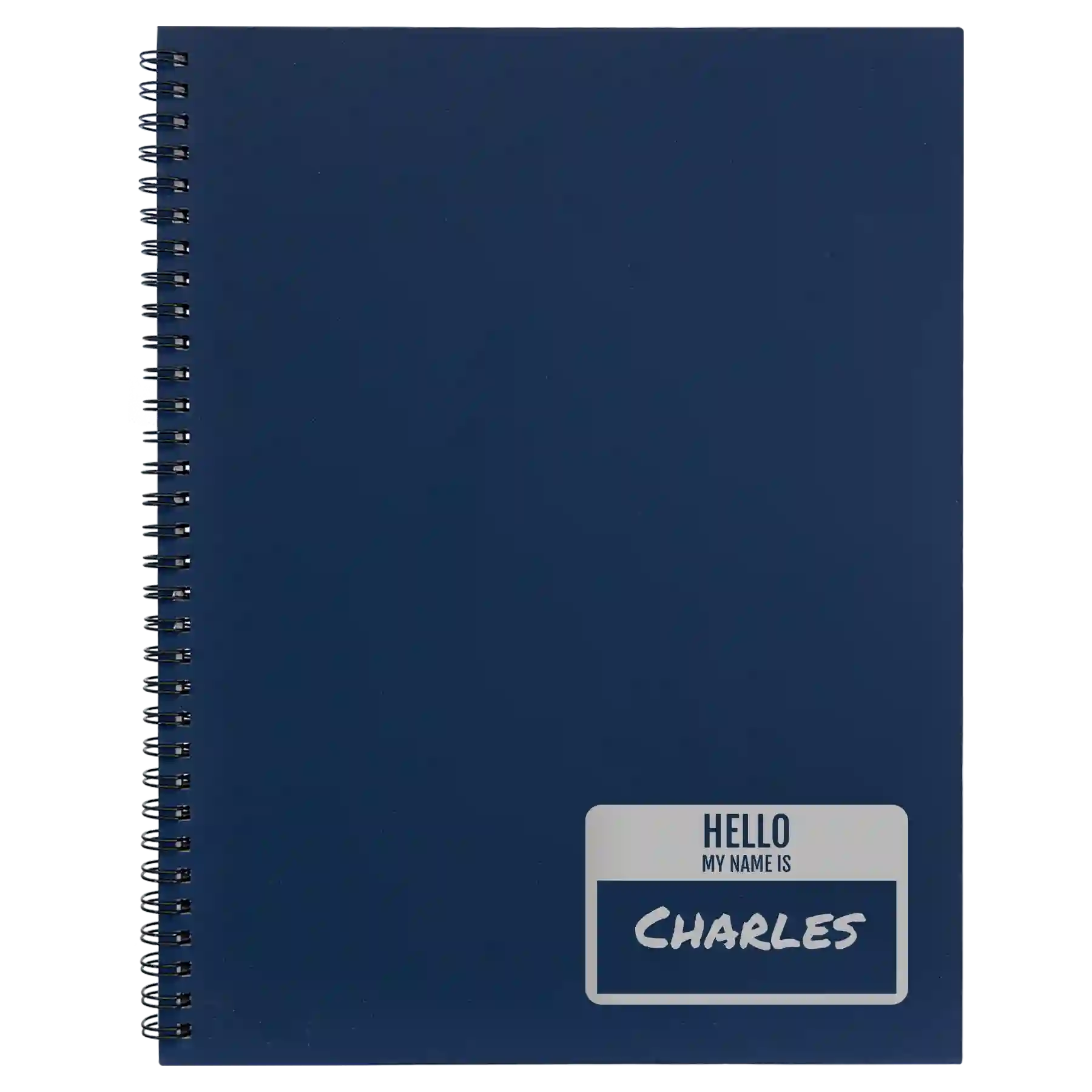 Large blue spiral notebook laser etched with 'Hello My Name is' design
