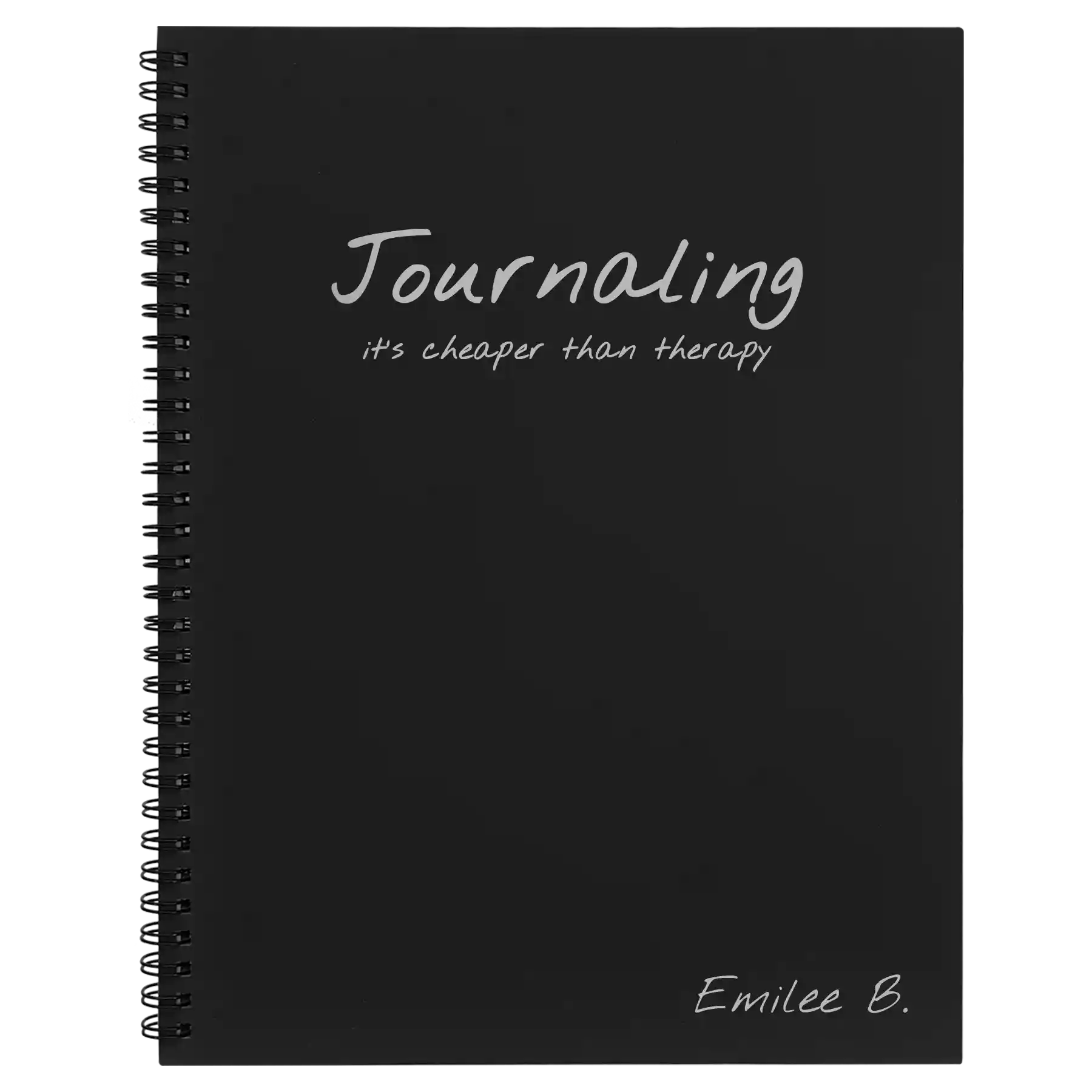 Large black spiral notebook laser etched with 'Journaling' design