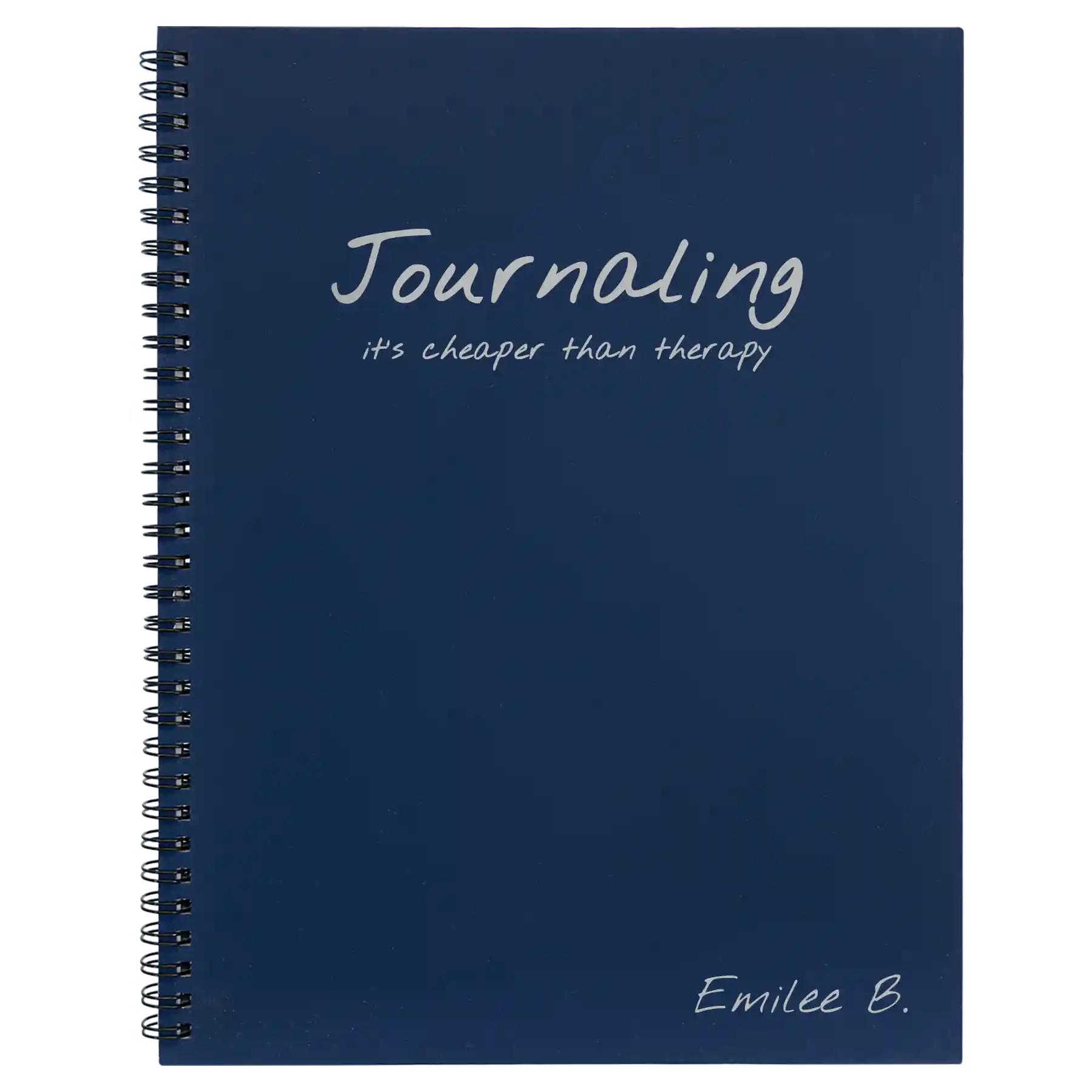 Large blue spiral notebook laser etched with 'Journaling' design