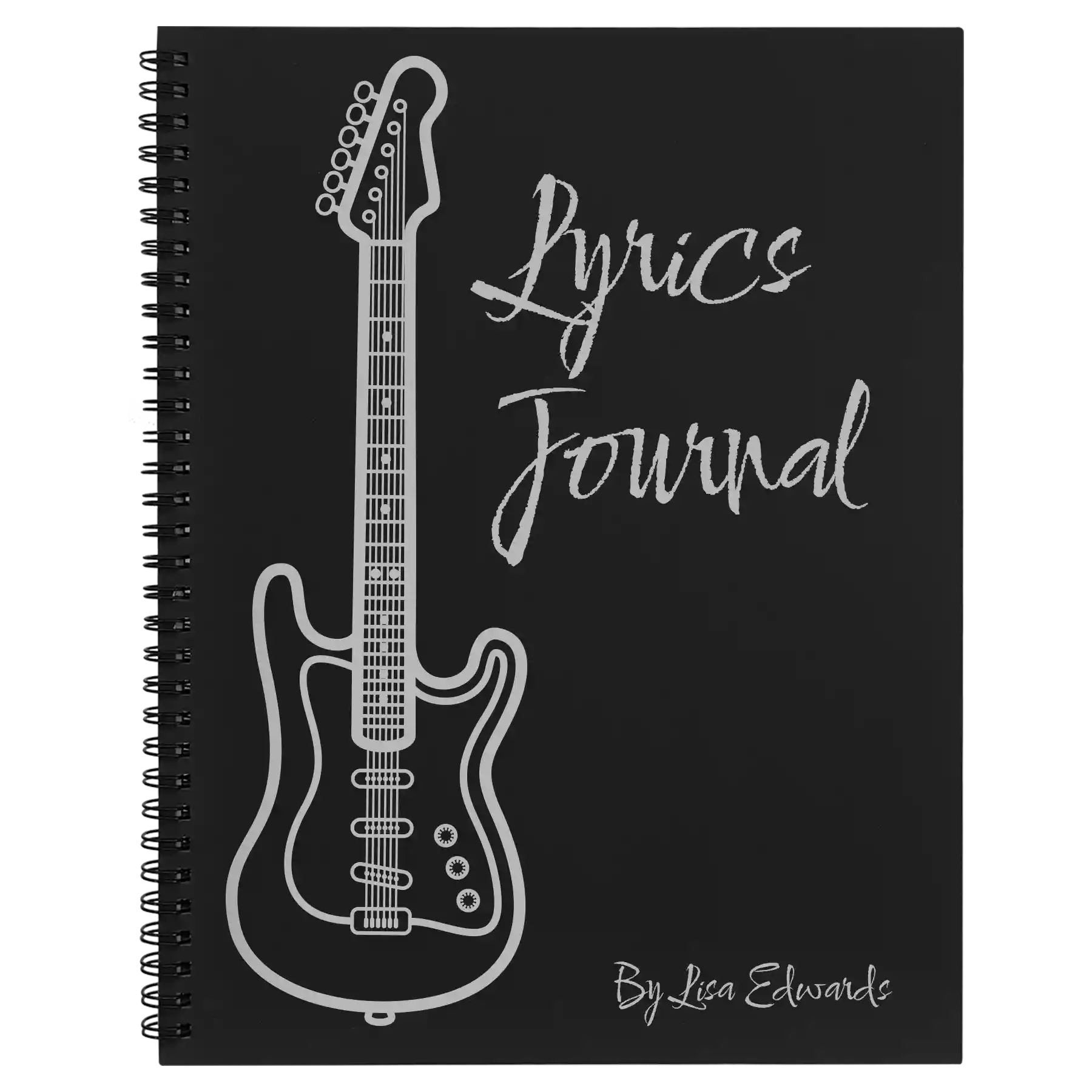 Large black spiral notebook laser etched with 'Lyrics' design