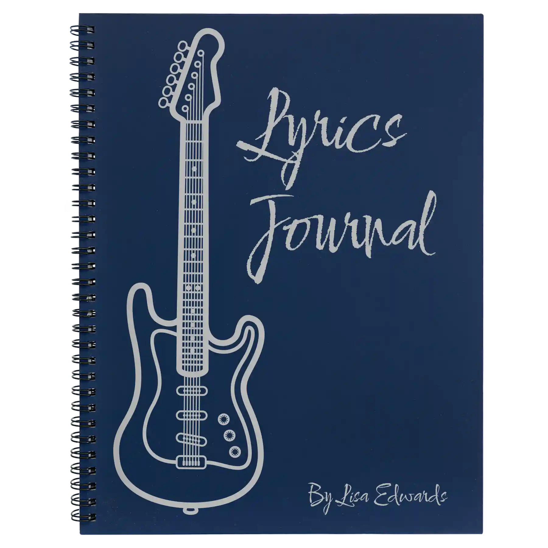 Large blue spiral notebook laser etched with 'Lyrics' design