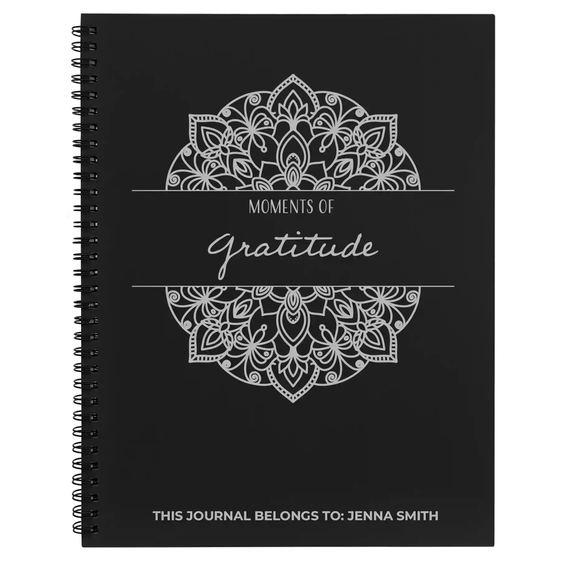 Large black spiral notebook laser etched with 'Moments of Gratitude' design