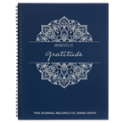 Large blue spiral notebook laser etched with 'Moments of Gratitude' design