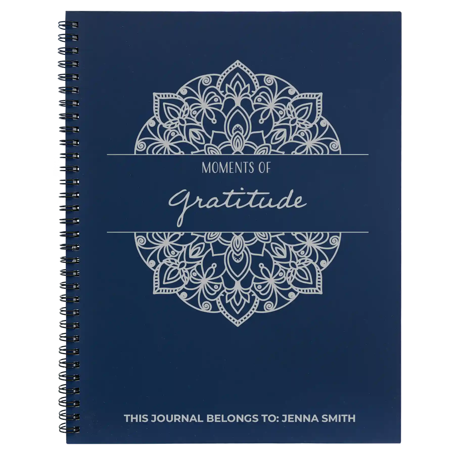 Large blue spiral notebook laser etched with 'Moments of Gratitude' design