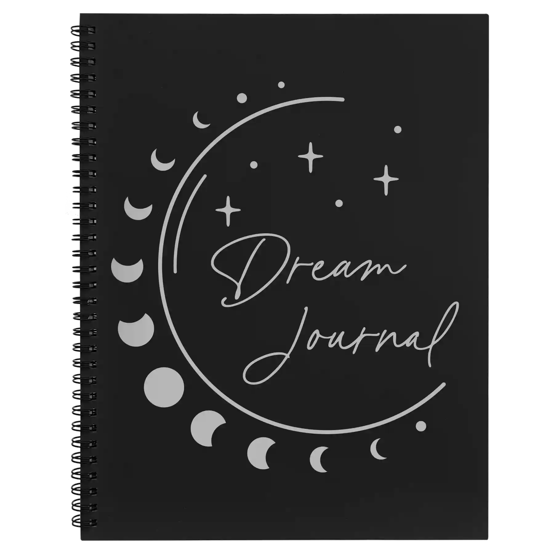 Large black spiral notebook laser etched with 'Moon Dream Journal' design