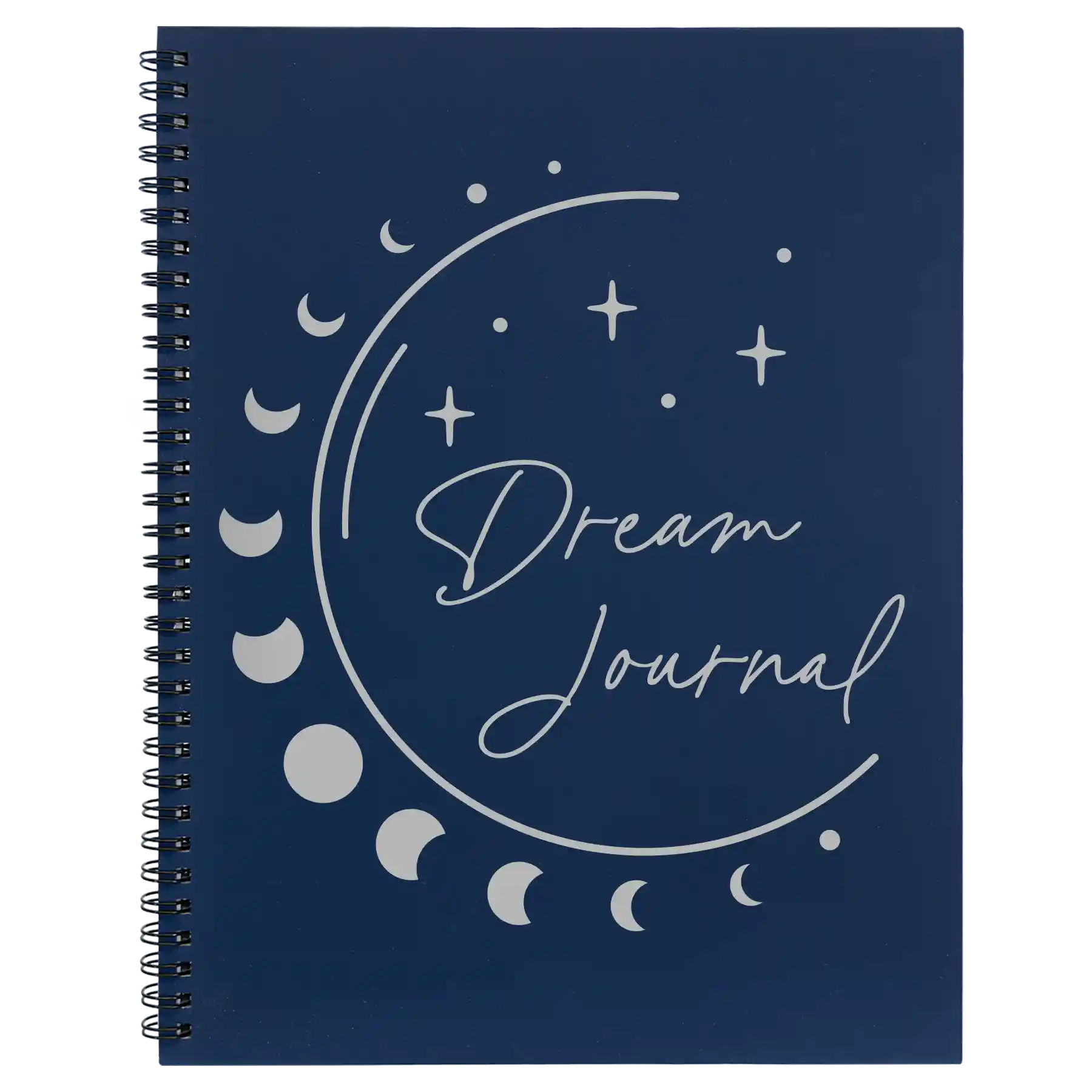 Large blue spiral notebook laser etched with 'Moon Dream Journal' design