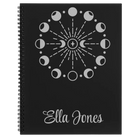 Large black spiral notebook laser etched with 'Moon Phase' design