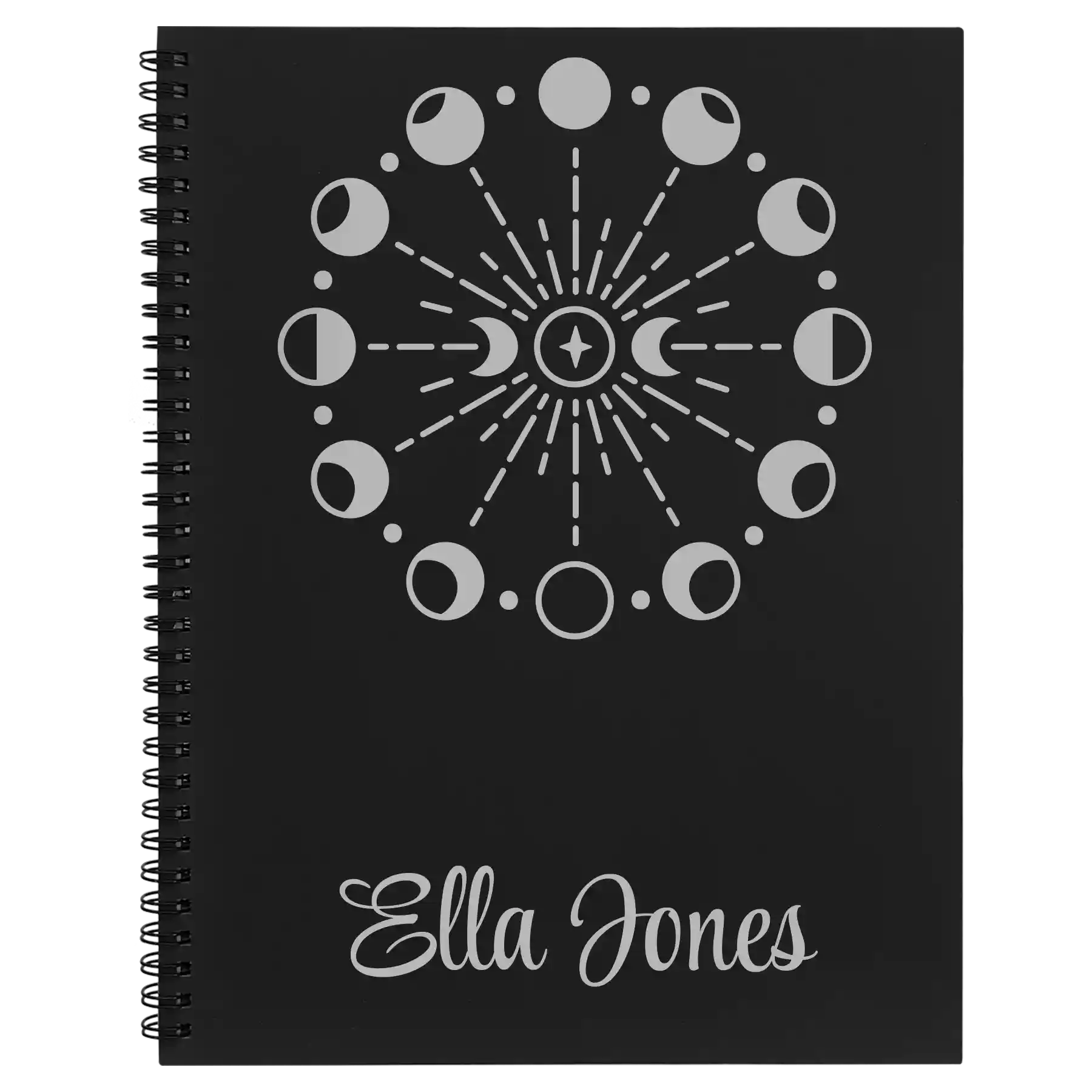 Large black spiral notebook laser etched with 'Moon Phase' design