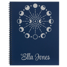 Large blue spiral notebook laser etched with 'Moon Phase' design