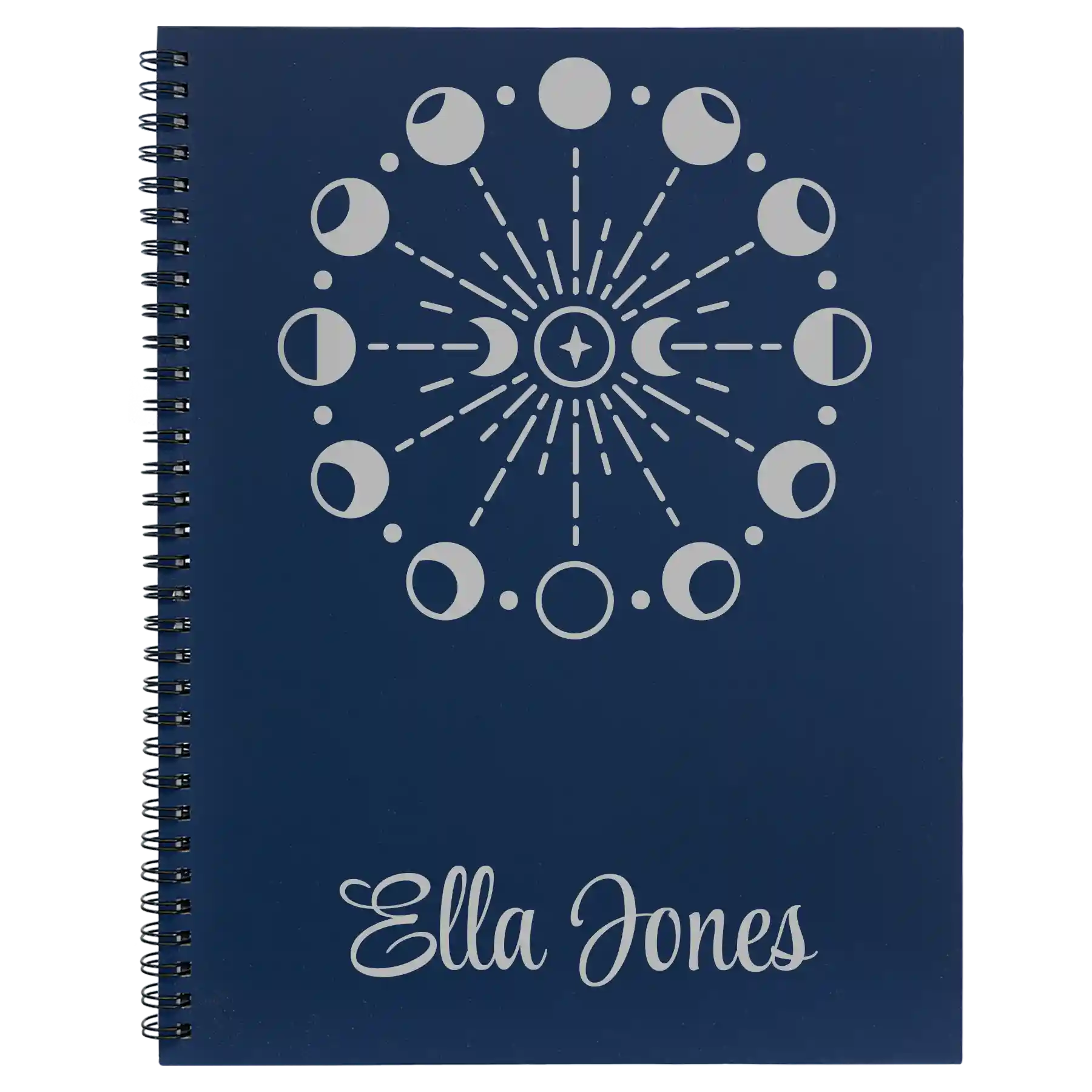 Large blue spiral notebook laser etched with 'Moon Phase' design