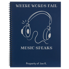Large blue spiral notebook laser etched with 'Music Speaks' design