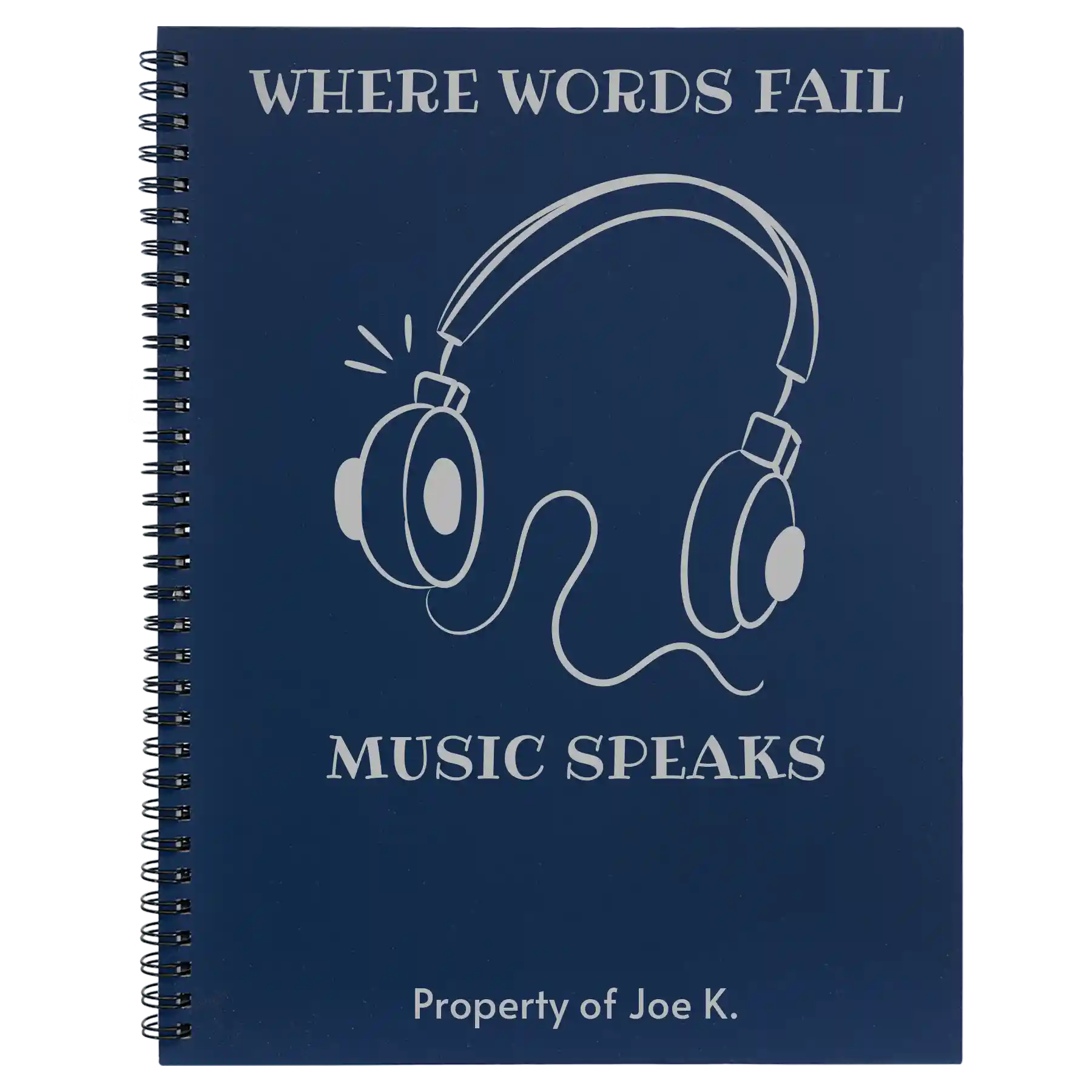 Large blue spiral notebook laser etched with 'Music Speaks' design