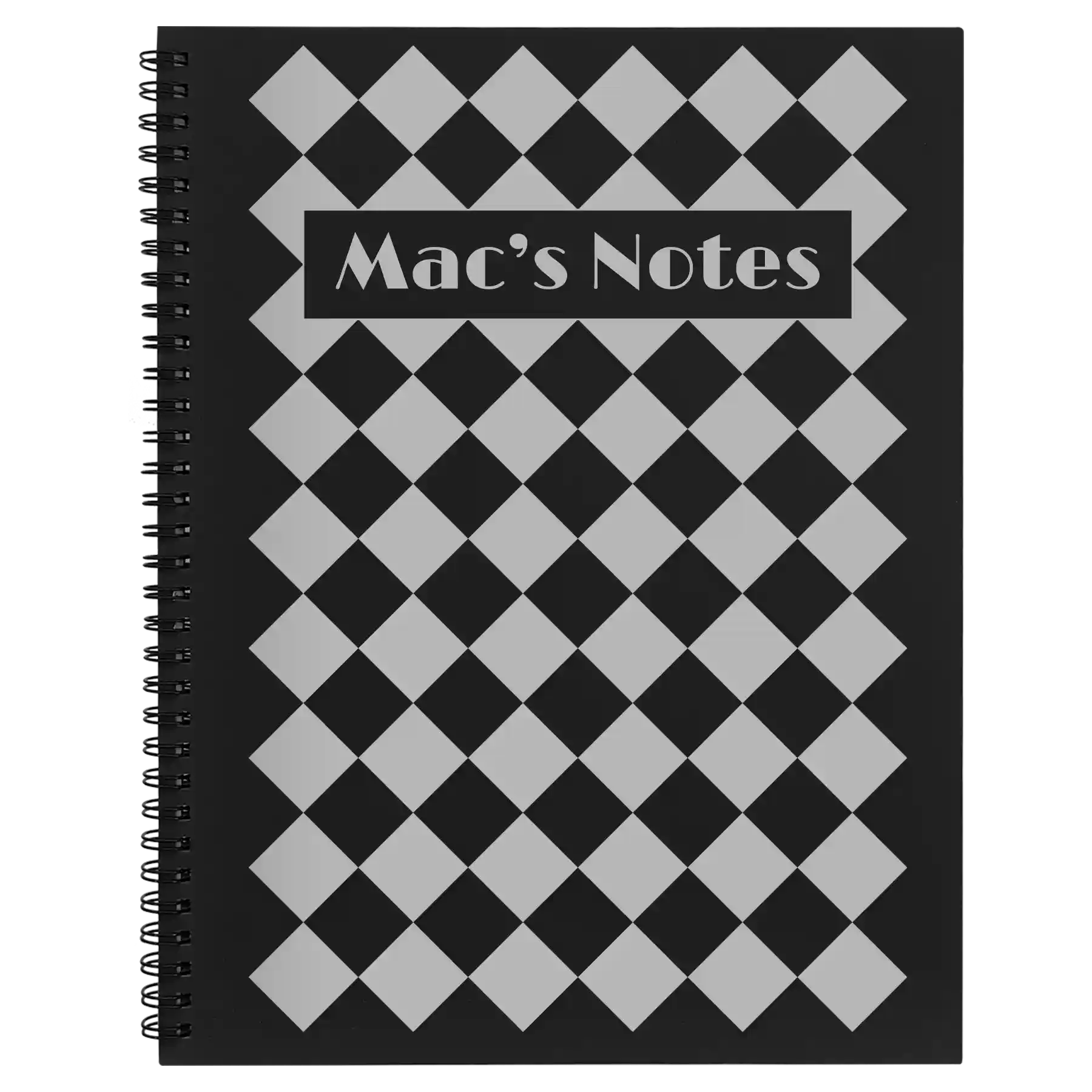 Large black spiral notebook laser etched with 'Retro Checker' design