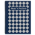 Large blue spiral notebook laser etched with 'Retro Checker' design