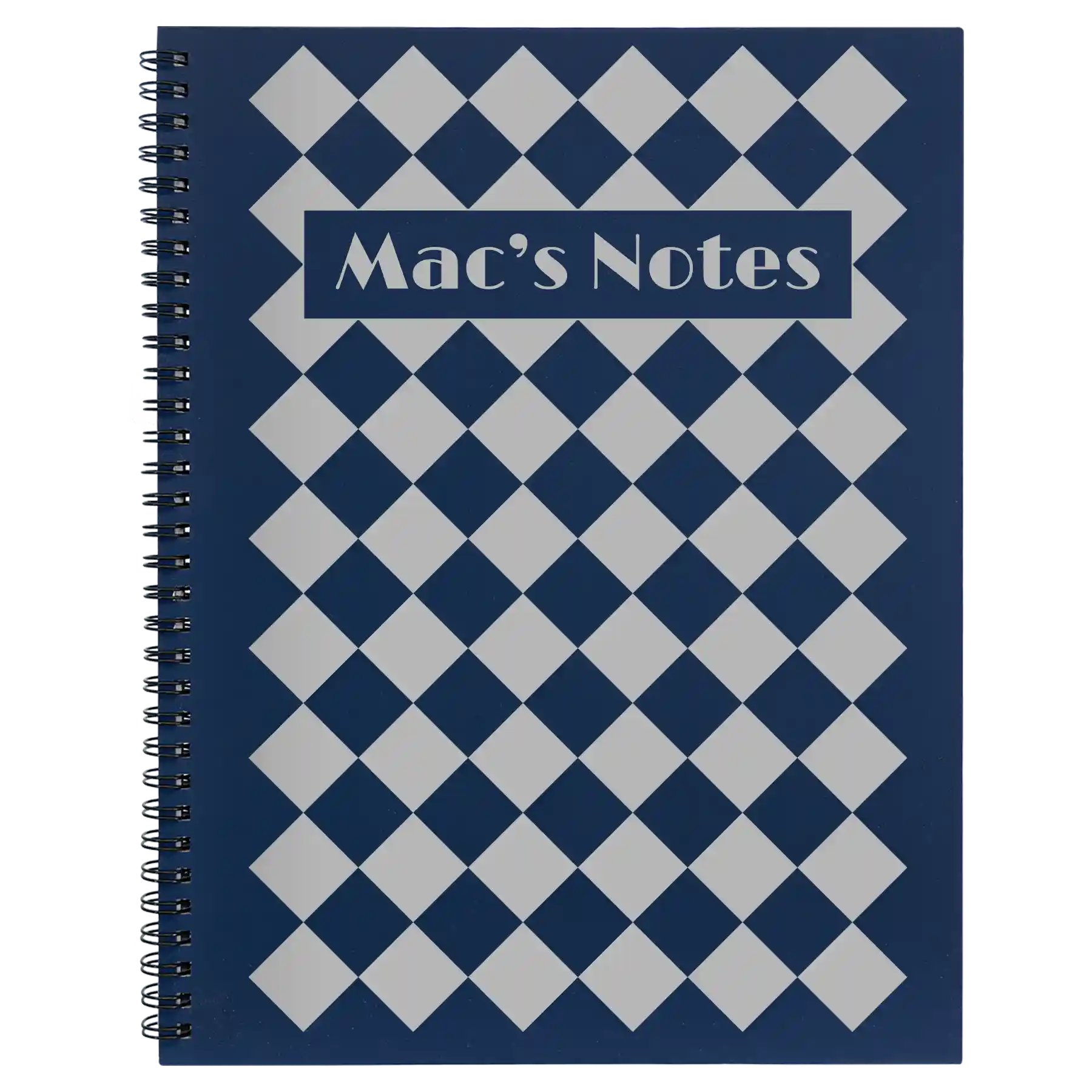 Large blue spiral notebook laser etched with 'Retro Checker' design