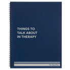 Large blue spiral notebook laser etched with 'Things to Talk About in Therapy' design