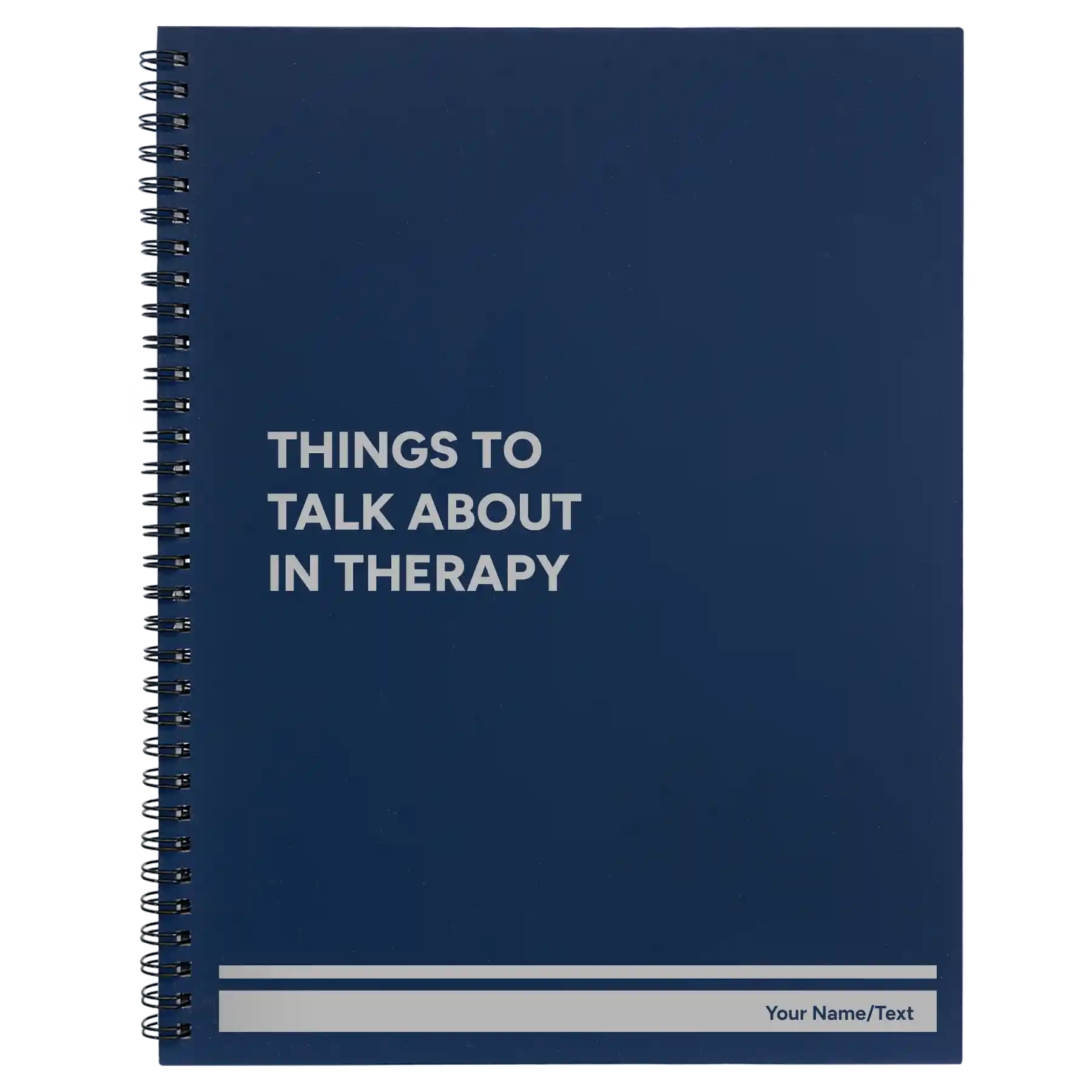 Large blue spiral notebook laser etched with 'Things to Talk About in Therapy' design