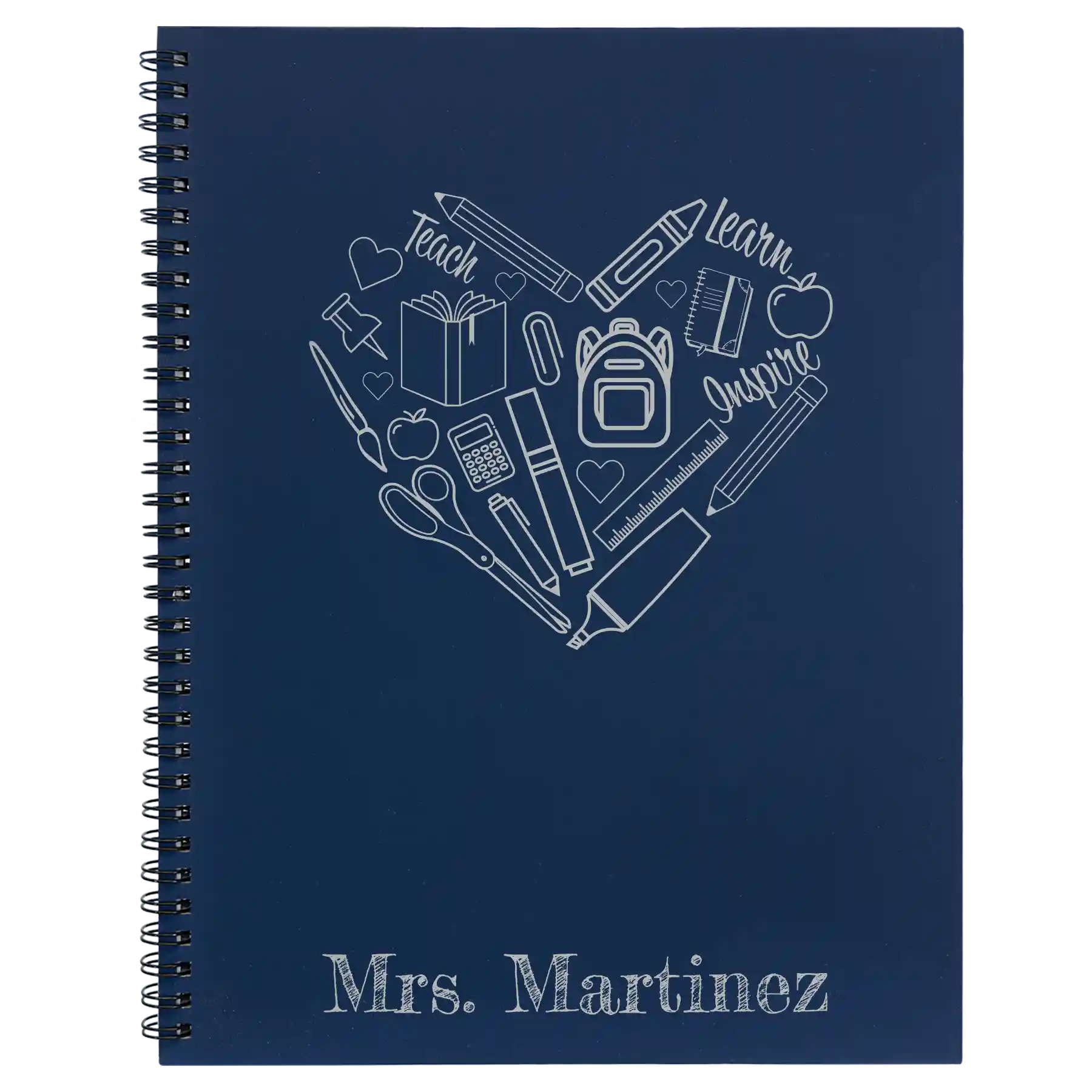 Large blue spiral notebook laser etched with 'Teach Learn Inspire' design