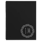 Large black spiral notebook laser etched with 'Wreath Initials' design