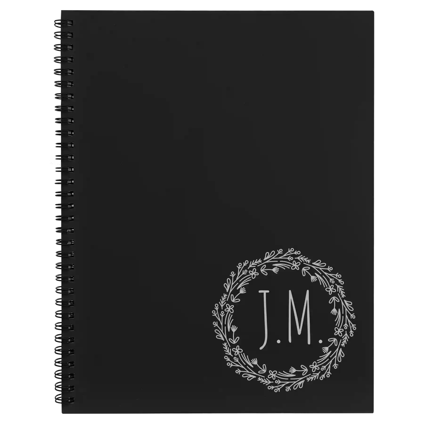 Large black spiral notebook laser etched with 'Wreath Initials' design