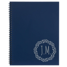 Large blue spiral notebook laser etched with 'Wreath Initials' design