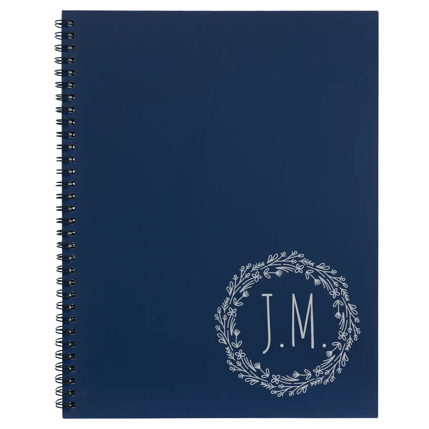 Large blue spiral notebook laser etched with 'Wreath Initials' design