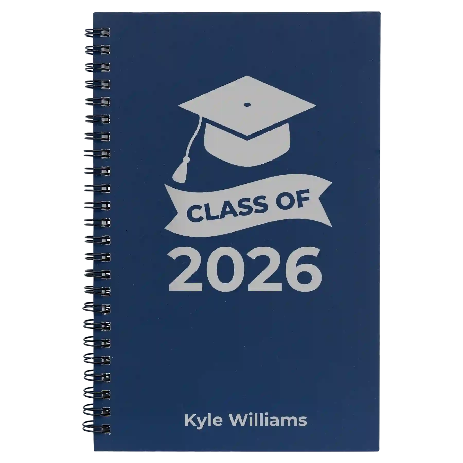Small blue spiral notebook laser etched with 'Class of V2' design