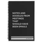 Small black spiral notebook laser etched with 'Notes and Doodles From Meetings' design