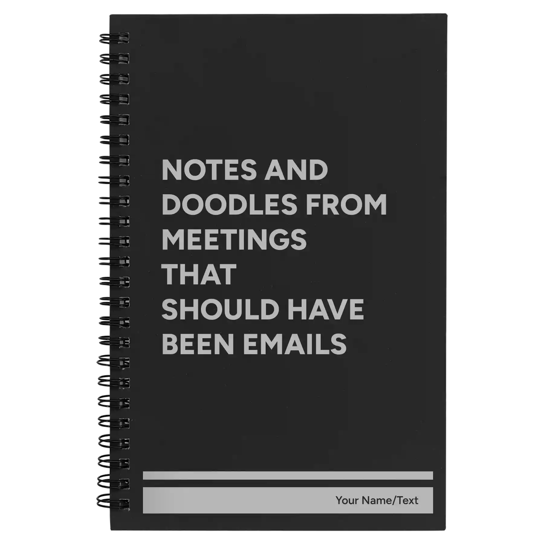 Small black spiral notebook laser etched with 'Notes and Doodles From Meetings' design