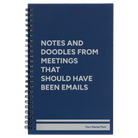 Small blue spiral notebook laser etched with 'Notes and Doodles From Meetings' design