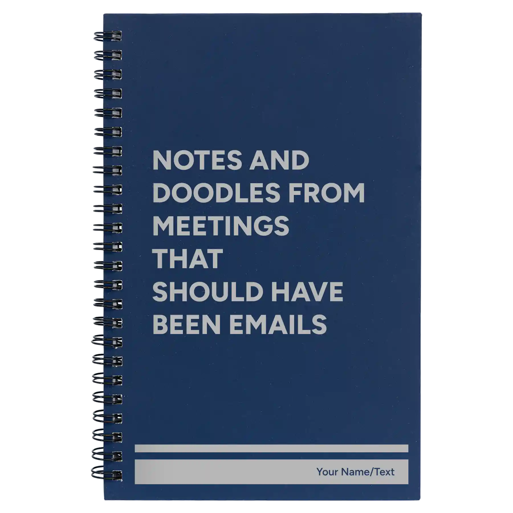 Small blue spiral notebook laser etched with 'Notes and Doodles From Meetings' design