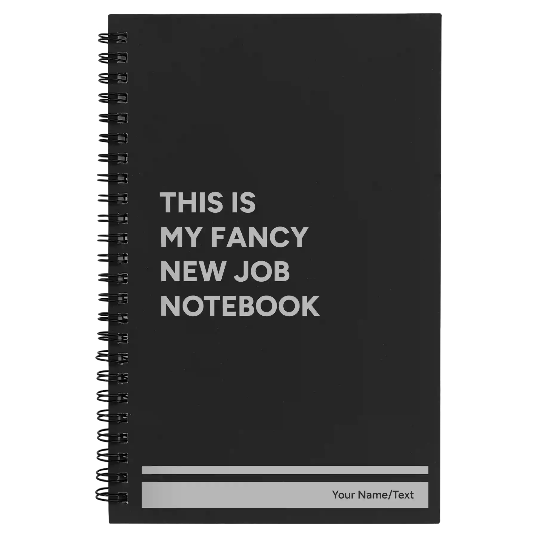 Small black spiral notebook laser etched with 'Fancy New Job' design